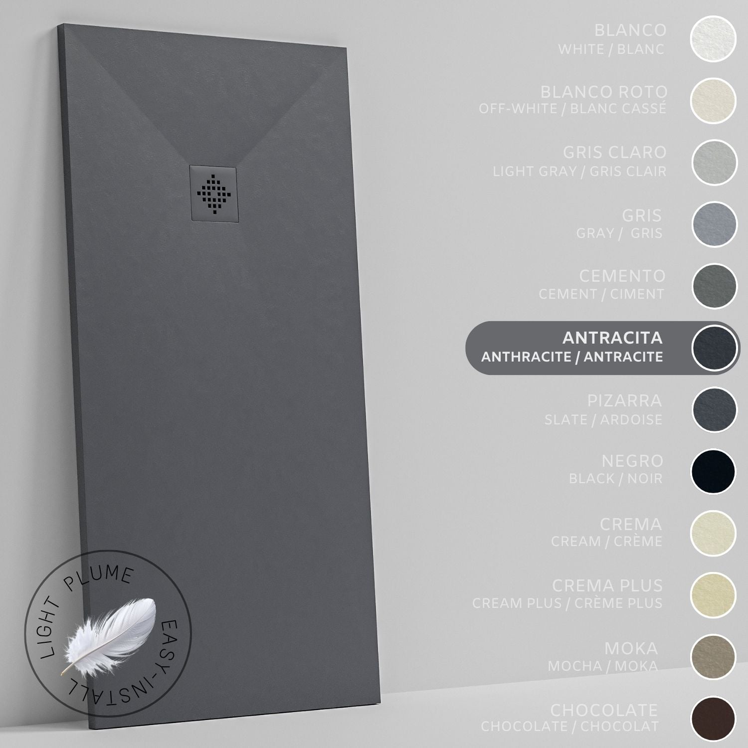 SOULHOME Lekki Brodzik z Żywicy tekstura Łupka antracytowy – 75x75- cm Ultra-płaski Zawiera Syfon i Kratkę Same