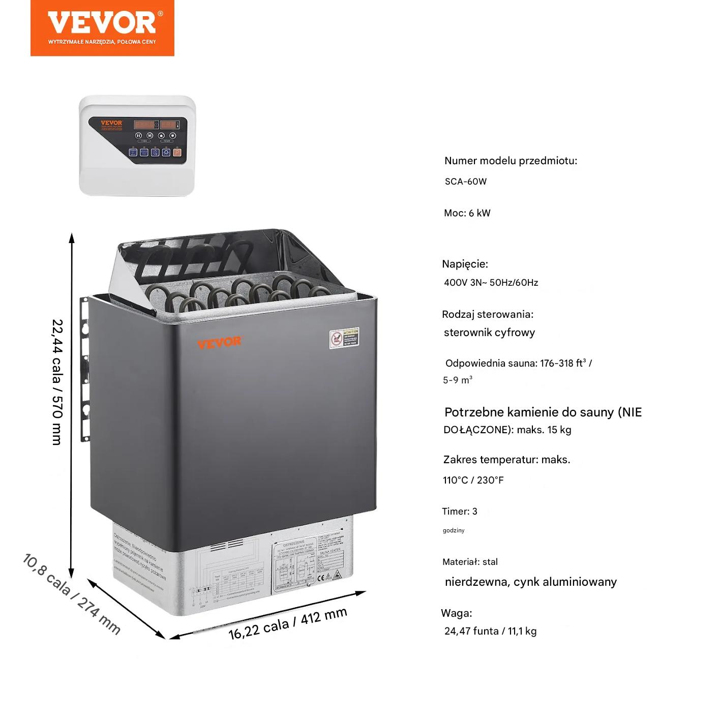Piec do sauny elektryczny 6kW 400V sterownik cyfrowy do domu SPA