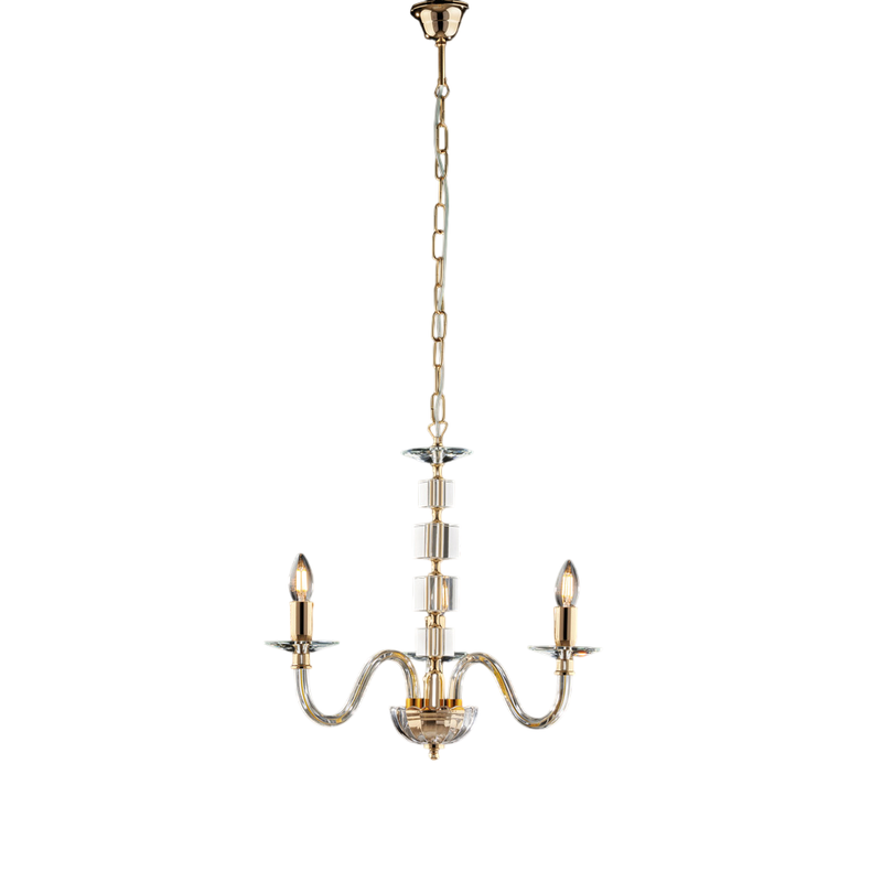 Lampadario in oro con vetro trasparente e strass 3 luci H.50 - MAX 110 - Ø43