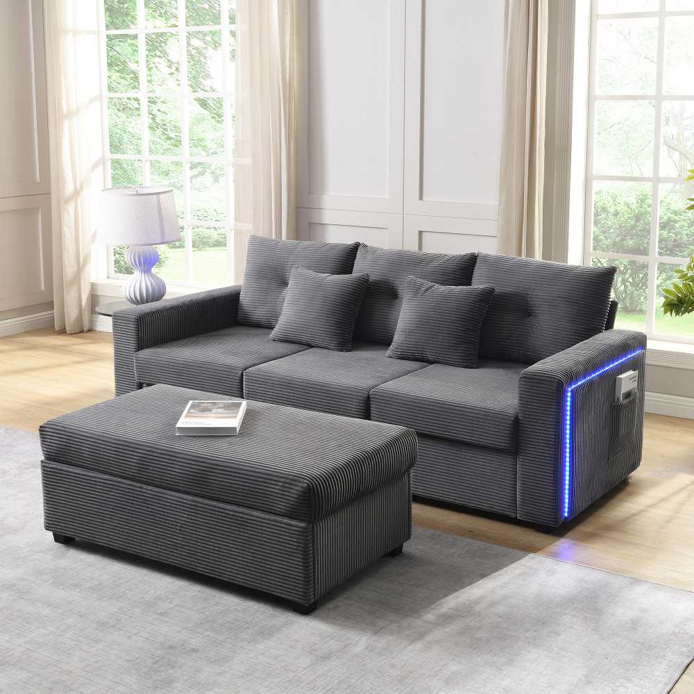 Nowoczesna sofa 3-osobowa z efektem chmury LED + wyjmowany puf XL, modułowa sofa do salonu w kształcie litery L o wysokiej wytrzymałości