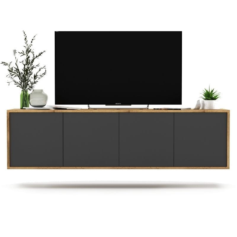Wisząca szafka RTV, NORD, 150x35x39 cm, dąb wotan, grafit, mat | TYLETEGOTU