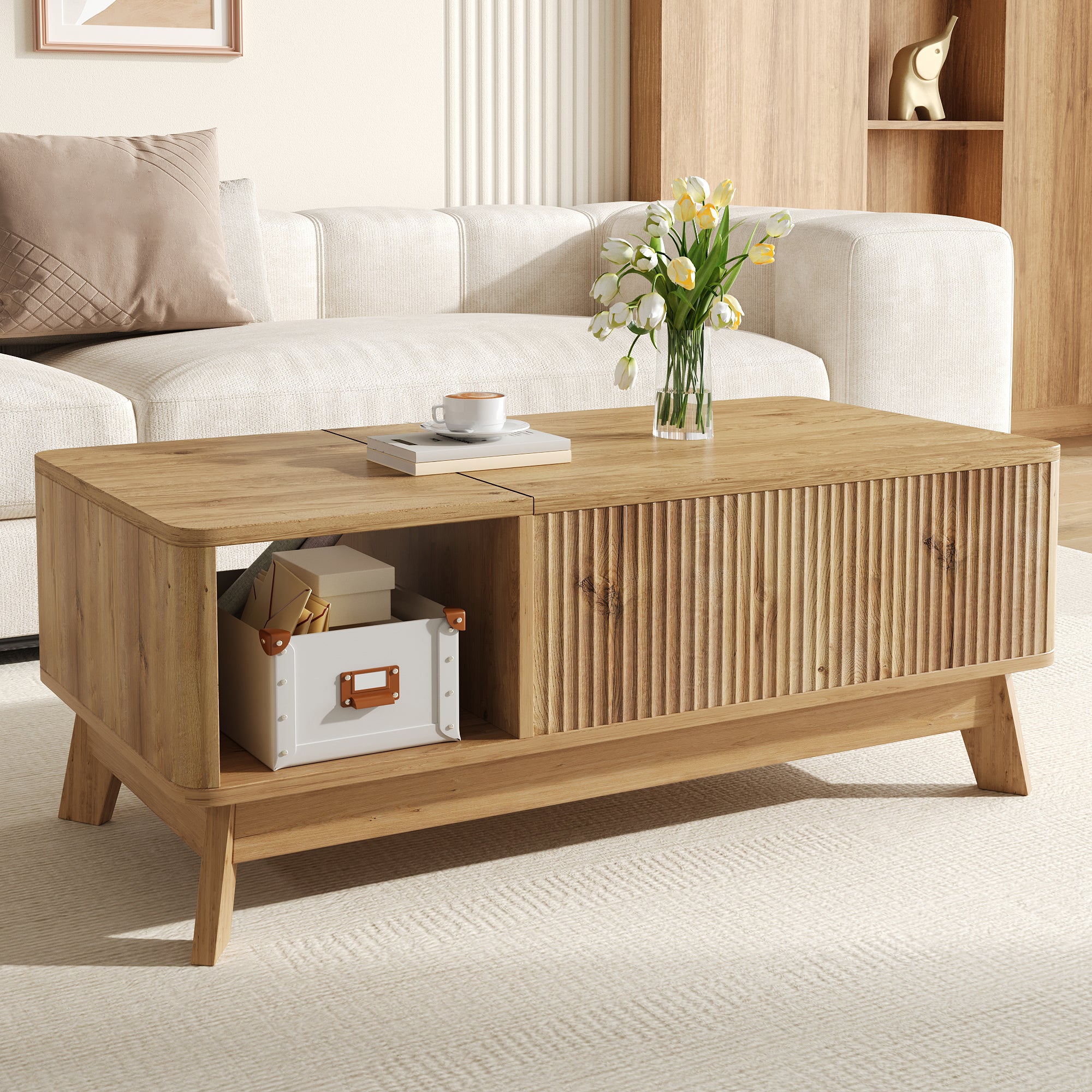 Stolik kawowy z podnoszonym blatem 95x48x50 cm - Falisty wzór - Otwarte boczne schowki - Płyta MDF - Naturalny