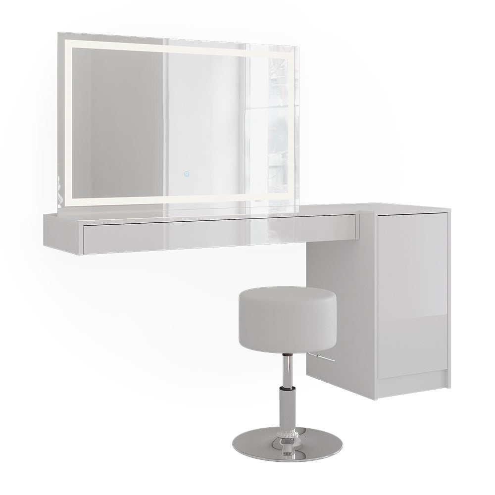 Vicco Stół do toalety Sherry, Biały, 160.2 cm z lustrem LED, taboretem i modułem z drzwiami