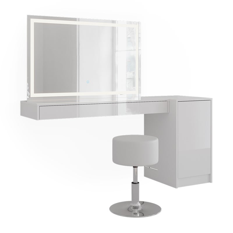 Vicco Stół do toalety Sherry, Biały, 160.2 cm z lustrem LED, taboretem i modułem z drzwiami