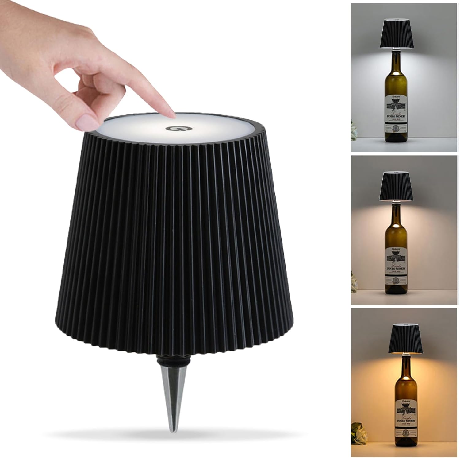 Bezprzewodowa lampa LED do butelek wina, akumulatorowa lampa stołowa z funkcją dotyku, ściemnialna w trzech kolorach (czarna)