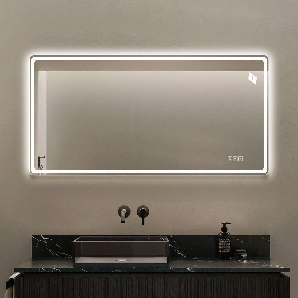Lustro LED bezramkowe 60x120 cm, podświetlenie przód/tył, ściemniacz dotykowy, 3 barwy światła, powłoka przeciwmgielna, montaż pionowy/poziomy