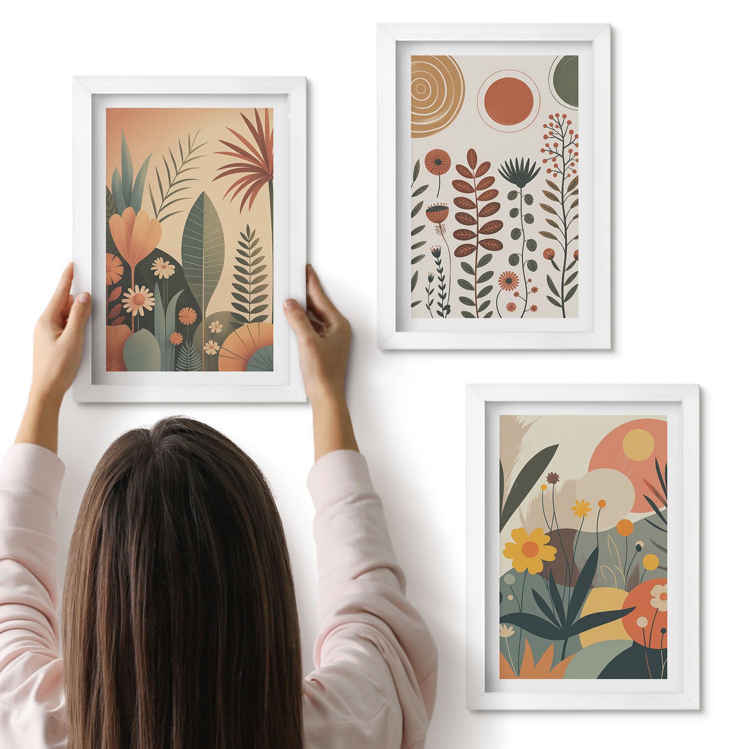 Galeria ścienna 3-częściowy komplet obrazów w białych ramach - Boho roślinne wzory w ciepłych odcieniach z naturą - ArtPrintCave