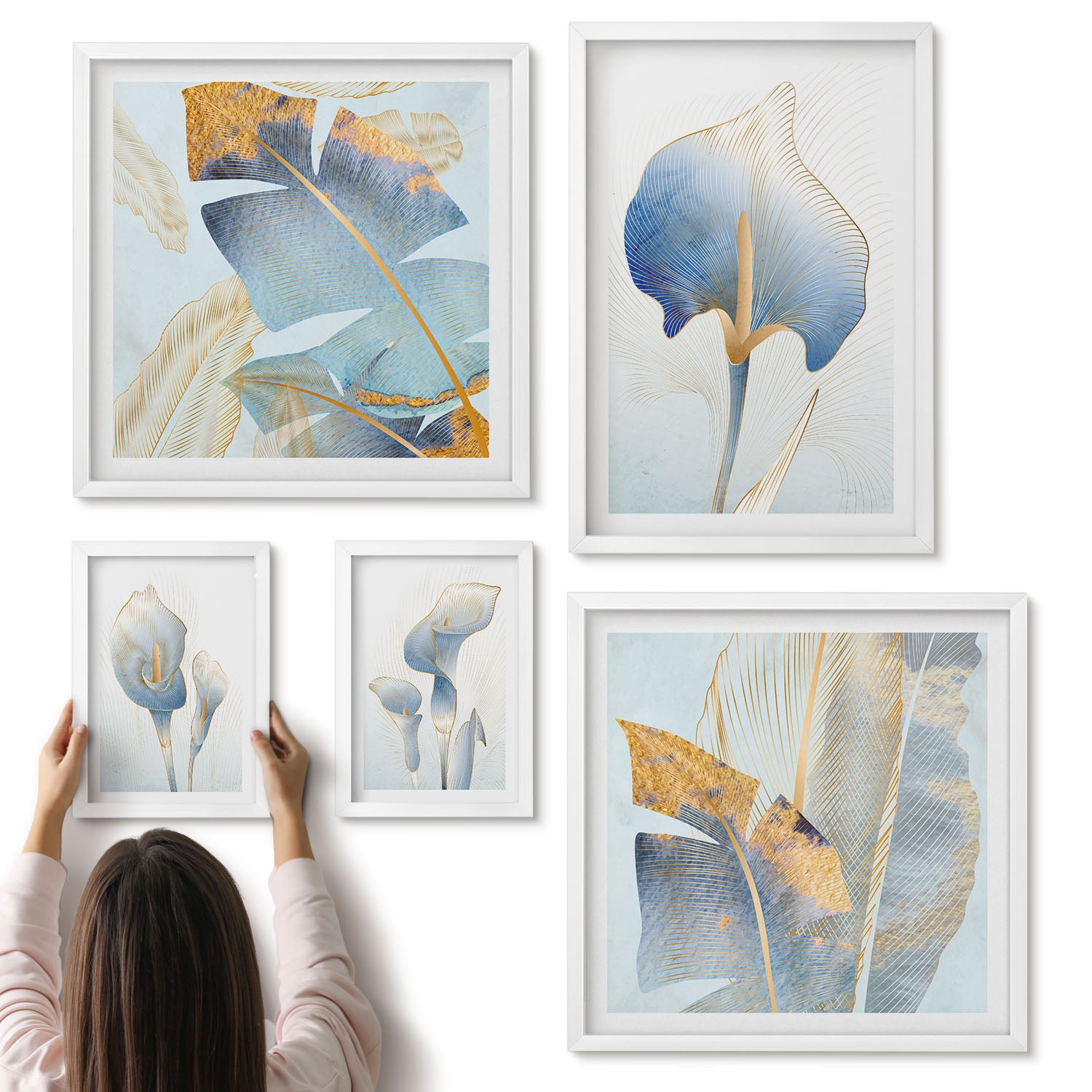 Galeria ścienna 5-częściowy komplet obrazów w białych ramach - Stylowe kwiaty w delikatnych odcieniach natury - ArtPrintCave