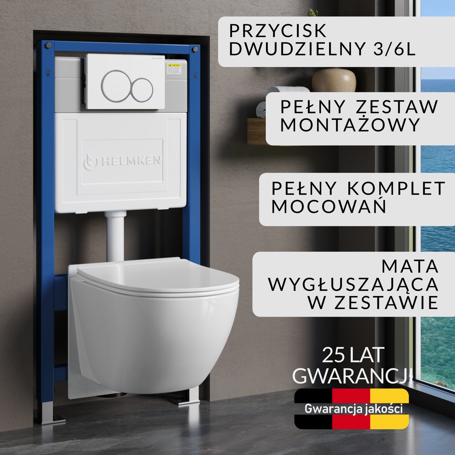 Zestaw podtynkowy WC Helmken 5w1: Stelaż, Biały Przycisk, Miska bezkołnierzowa Rimless 35103001 (Biała), Deska wolnoopadająca, Mata