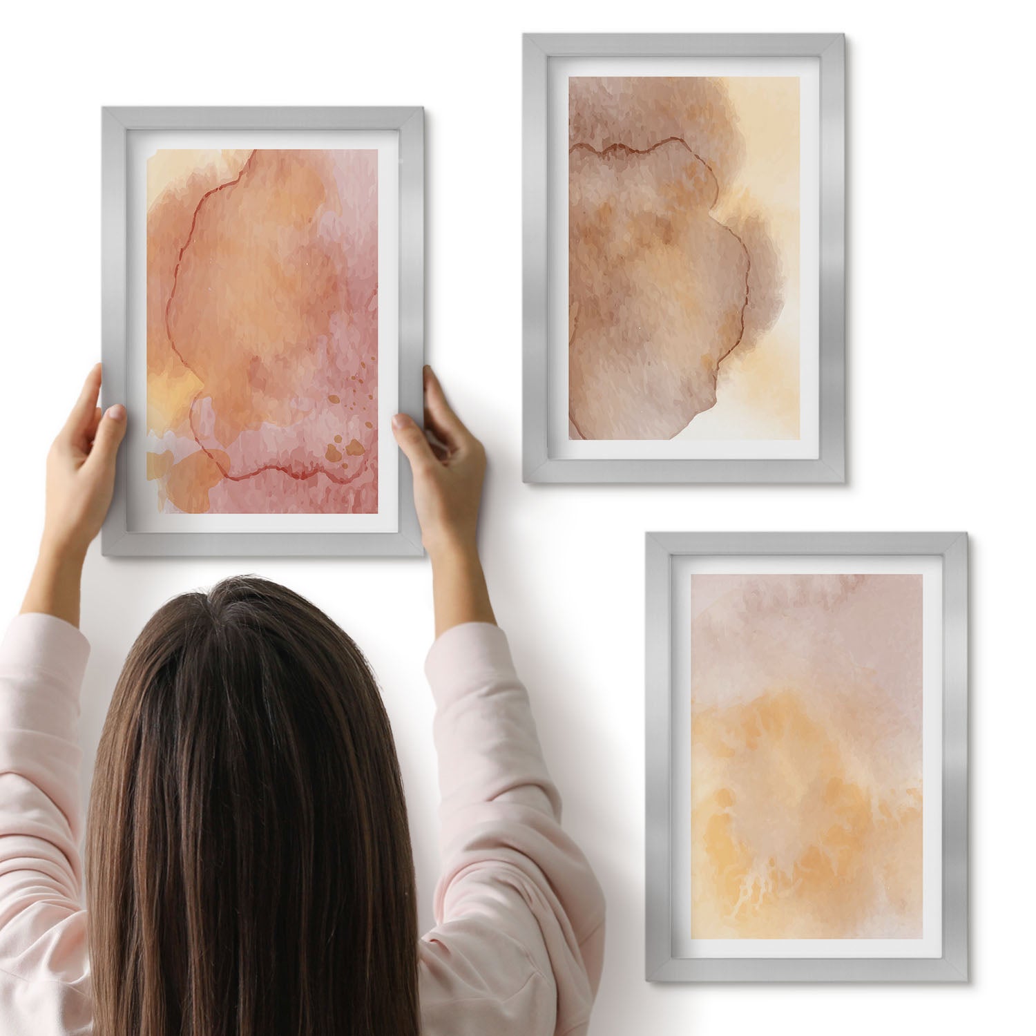 Galeria ścienna 3-częściowy komplet obrazów w srebrnych ramach - Ciepłe akwarele na płótnie barwne tekstury - ArtPrintCave
