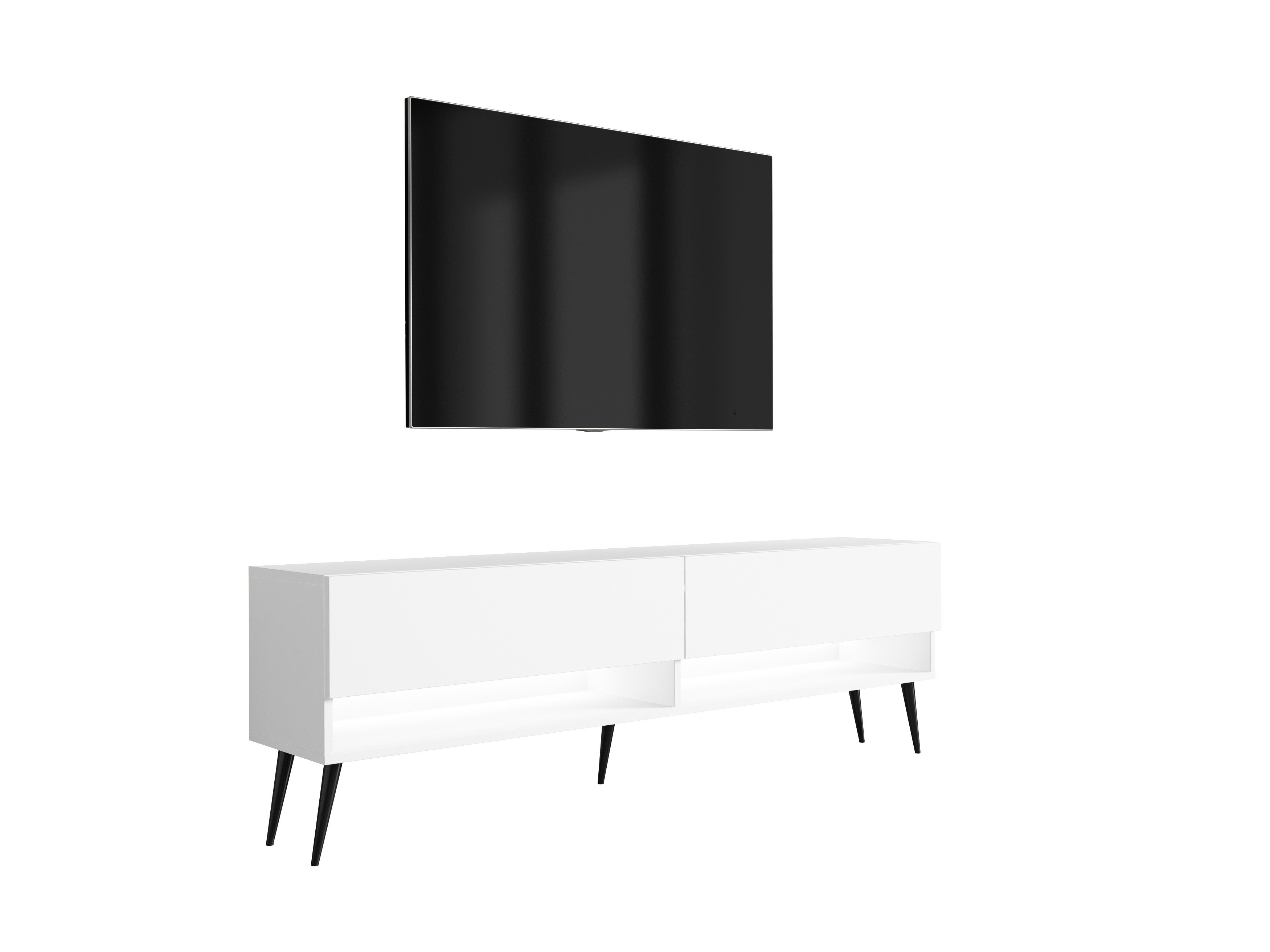 Szafka pod telewizor 170 cm Biały Mat, nóżki pochyłe czarne, LED biały, 170 × 32 × 52 cm
