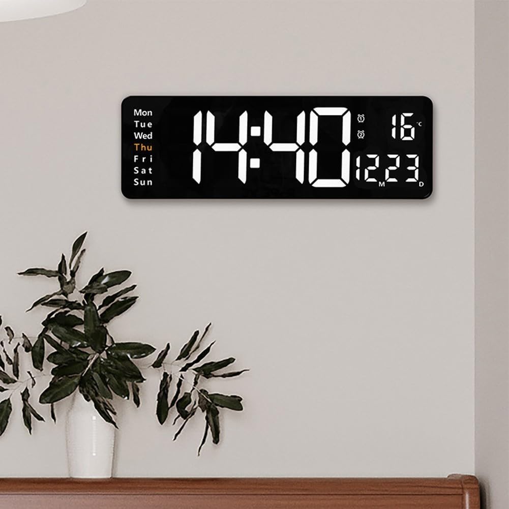 Duży, 40,6 cm cyfrowy zegar ścienny LED, prosty zegar ścienny do salonu, wyświetla temperaturę, datę, dzień tygodnia i budzik (biały)