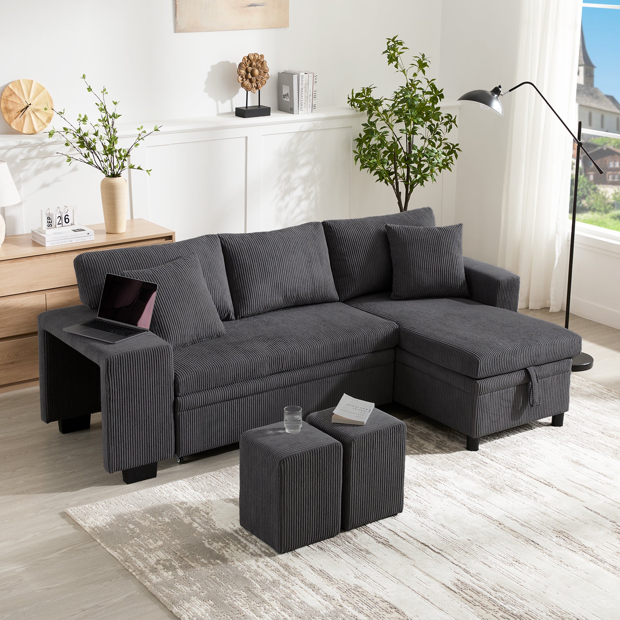 3-osobowa sofa w kształcie litery L – z portami ładowania USB – z poduszkami – rozkładana sofa narożna – szara