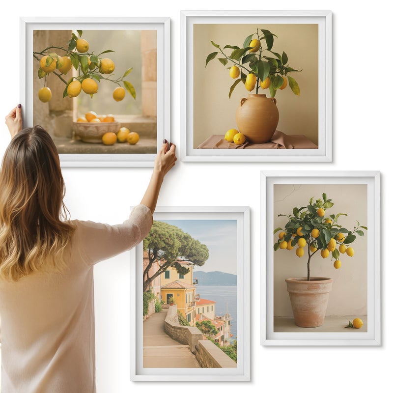 Galeria ścienna 4-częściowy komplet obrazów w białych ramach - Cytrynowe drzewka w donicach i na oknie - ArtPrintCave