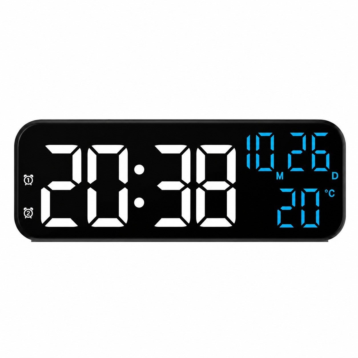 Budzik LED, wielofunkcyjny z termometrem, kalendarz wieczny, 9 cali, nowoczesny minimalistyczny, biała obudowa, niebieskie światło