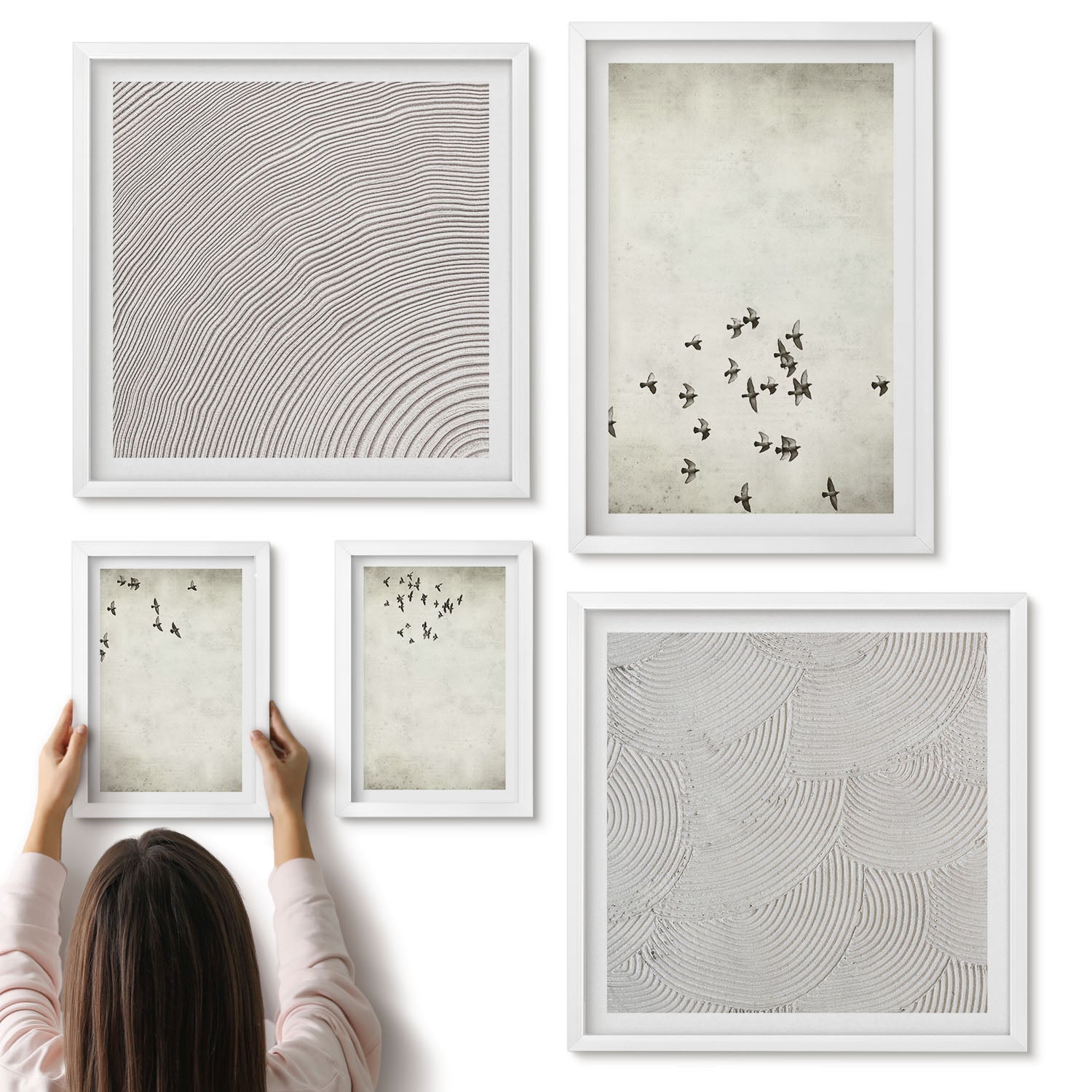 Galeria ścienna 5-częściowy komplet obrazów w białych ramach - Minimalistyczny malunek lecących ptaków - ArtPrintCave