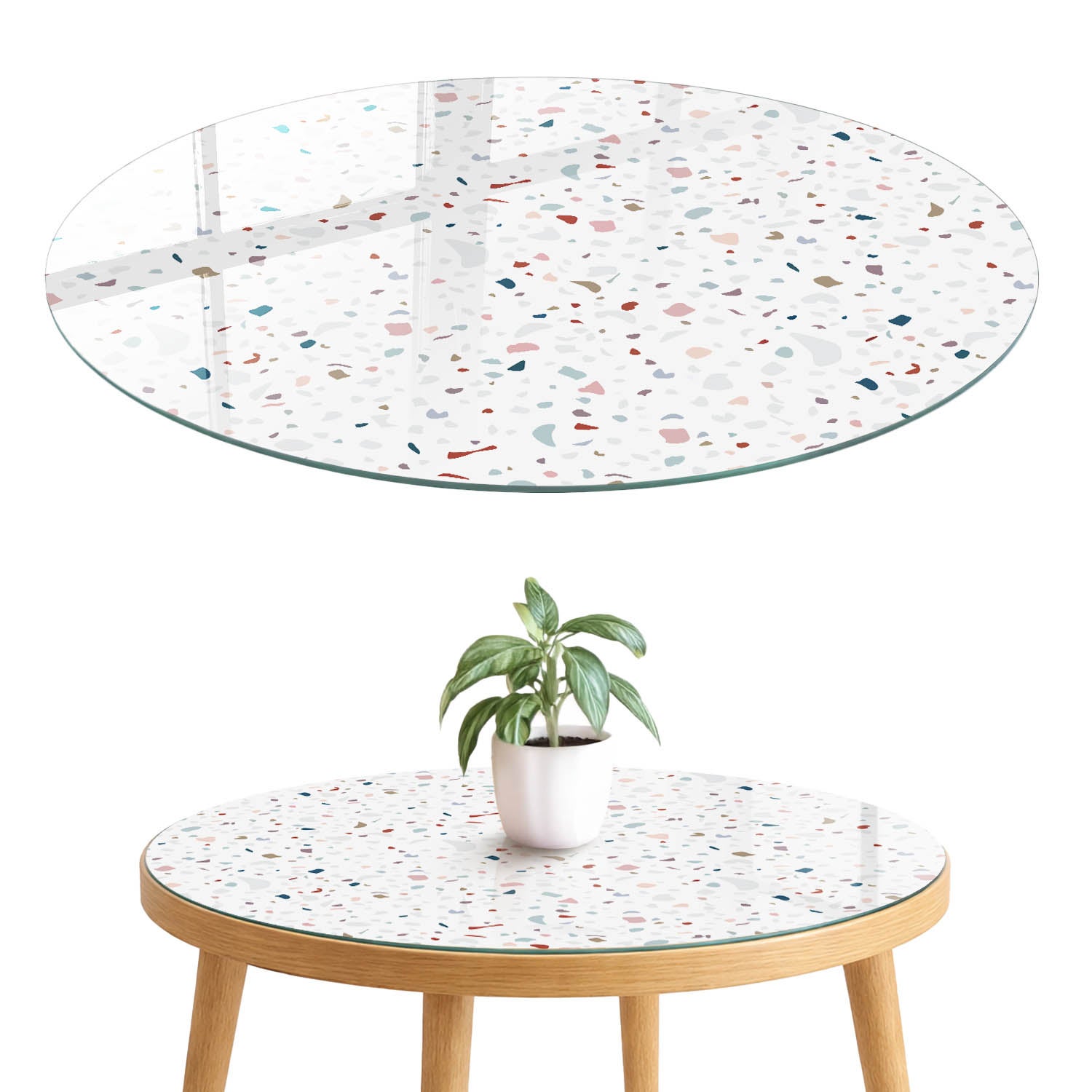 Szklany blat hartowany z wzorem 4 mm - elegancka dekoracja i maskowanie blatu fi70 cm Kolorowe terrazzo