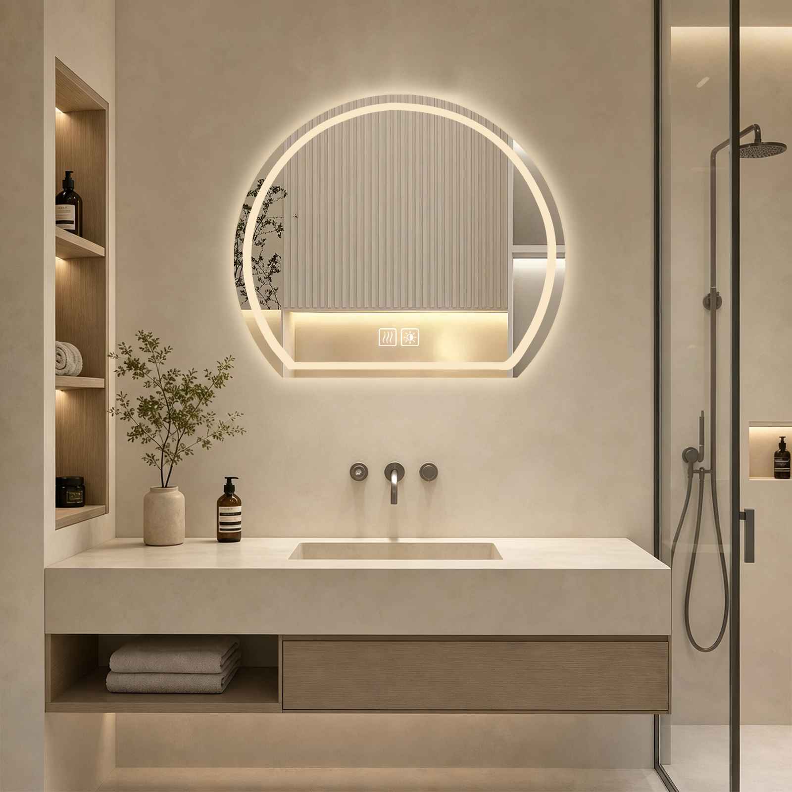 Lustro łazienkowe LED półokrągłe 60×53 cm, przeciwmgielne, sterowanie dotykowe, 3 kolory światła i regulacja jasności, bezramkowe