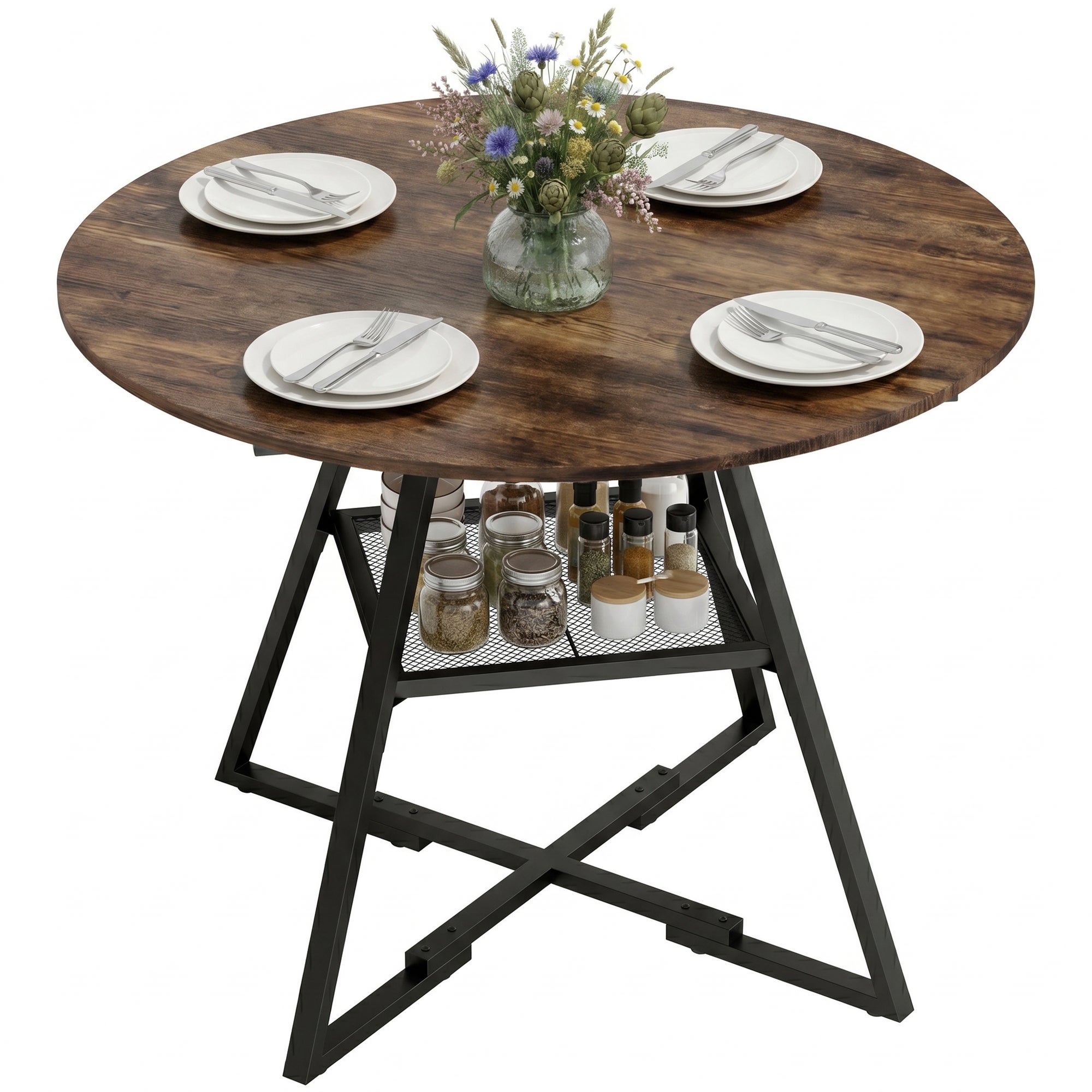 4-seater okrągły stół robić jadalni, 100 cm w średnica, industrialny kuchnia, decorative półka, rustic brązowy.