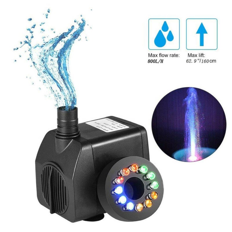 Podwodna pompa z kolorowym światłem, 8W 220V, pompa podwodna z 12 diodami LED w kolorze do fontanny, basenu, ogrodu, akwarium.
