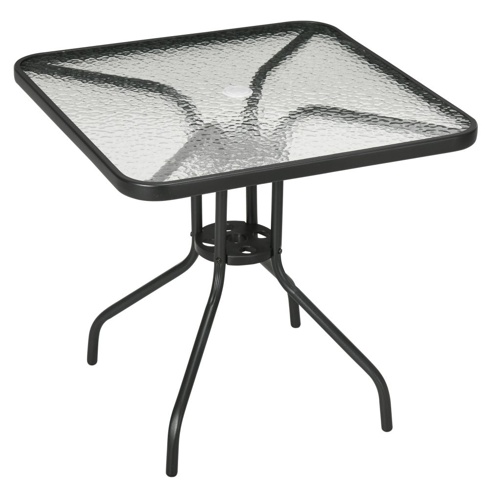 Stół ogrodowy kwadratowy 76x76 cm metalowy czarny na balkon taras odporny na deszcz z otworem na parasol antypoślizgowy
