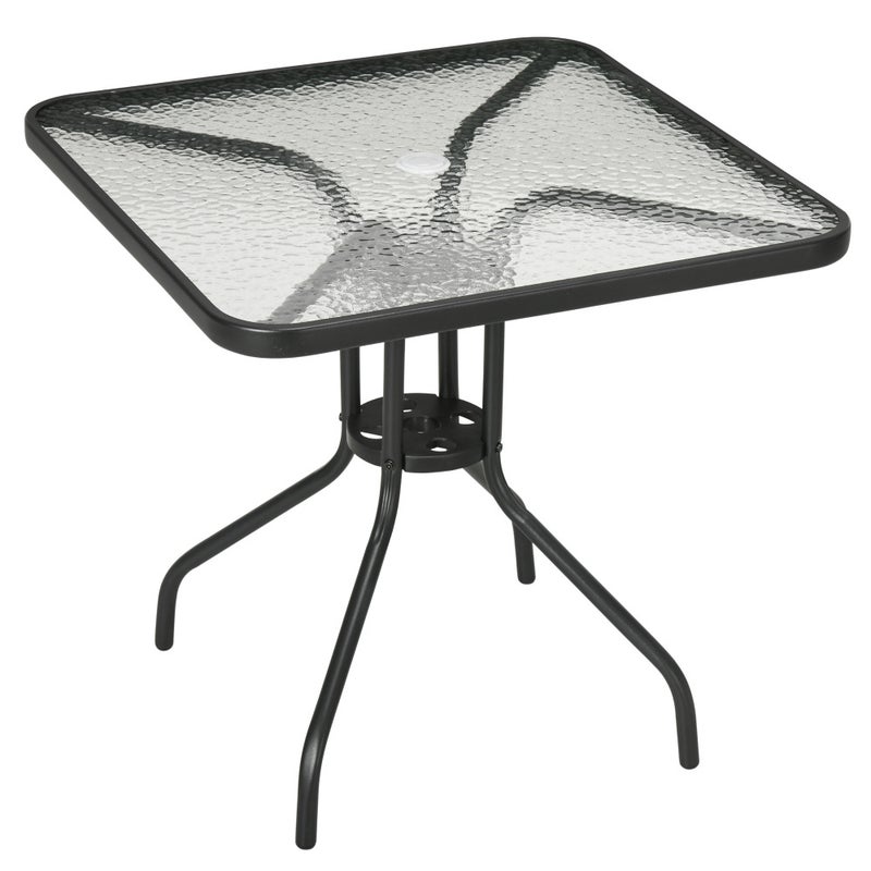 Stół ogrodowy kwadratowy 76x76 cm metalowy czarny na balkon taras odporny na deszcz z otworem na parasol antypoślizgowy