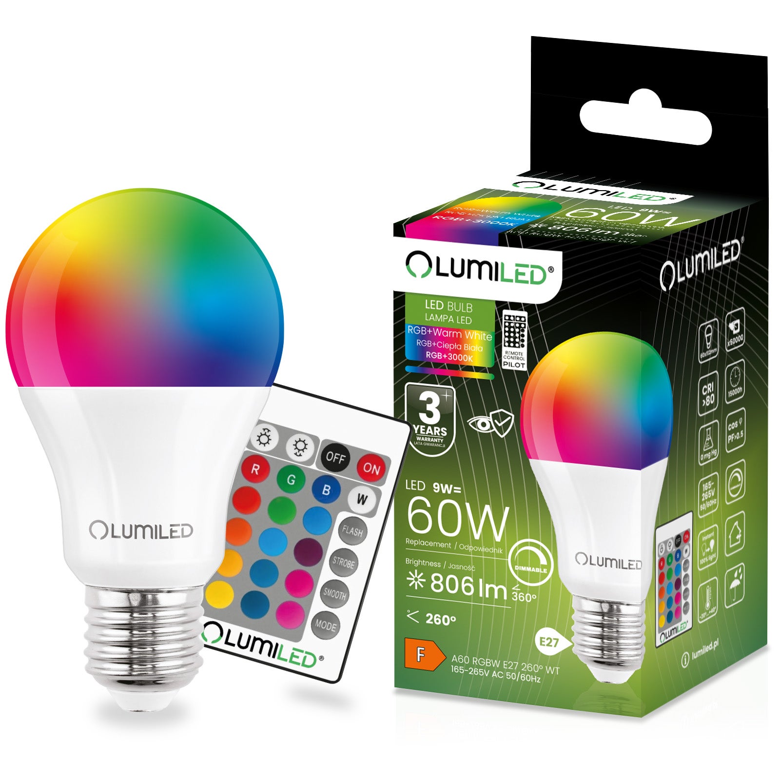 Żarówka LED Lumiled Lumiled E27 A60 9W 806lm 3000K Ciepła biel + RGB Wielokolorowa 260st Ściemnialna Pilot 1 szt.