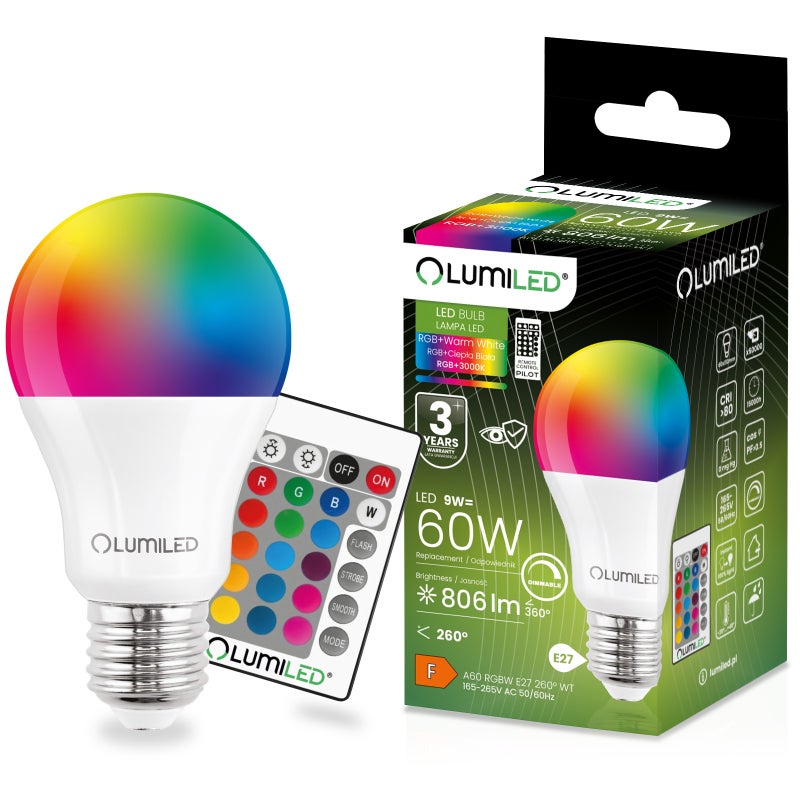 Żarówka LED Lumiled Lumiled E27 A60 9W 806lm 3000K Ciepła biel + RGB Wielokolorowa 260st Ściemnialna Pilot 1 szt.