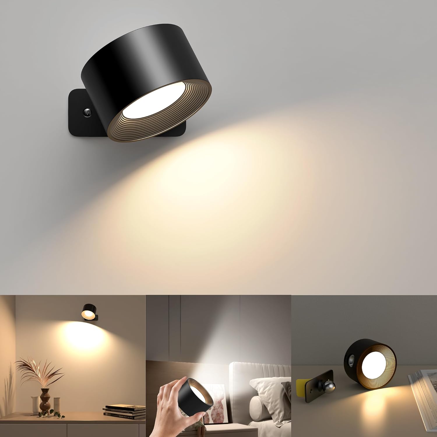 Dotykowa lampa ścienna LED do użytku wewnętrznego (1 sztuka), 3 poziomy jasności, 3 temperatury barwowe, obrót o 360°, czarna.