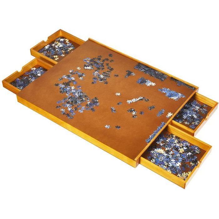 Stół do puzzli 80 x 65 cm z drewna sosnowego,z gładką powierzchnią roboczą i 4 wbudowanymi szufladami, przenośny stół do puzzli 1000 – 1500 elementów