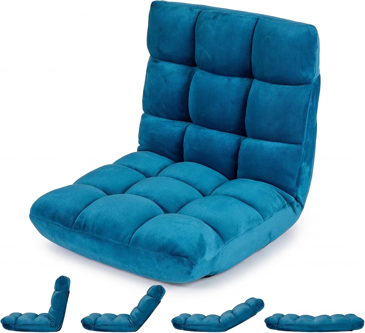 Składany Tatami Lazy Sofa, rozkładany fotel podłogowy z 14-stopniową regulacją oparcia, aksamitny szezlong jednoosobowy, niebieski