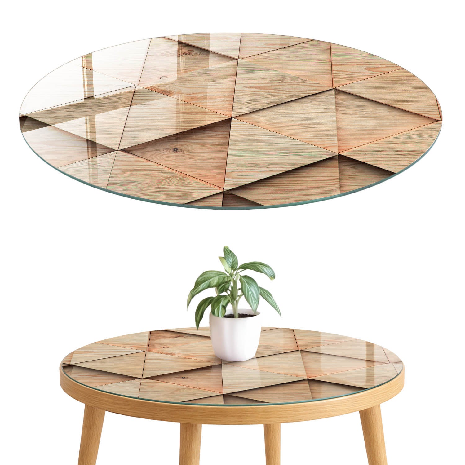 Dekoracyjny blat szklany 4 mm z printem - na stół, szafkę, komodę i stolik fi80 cm Drewniana geometria