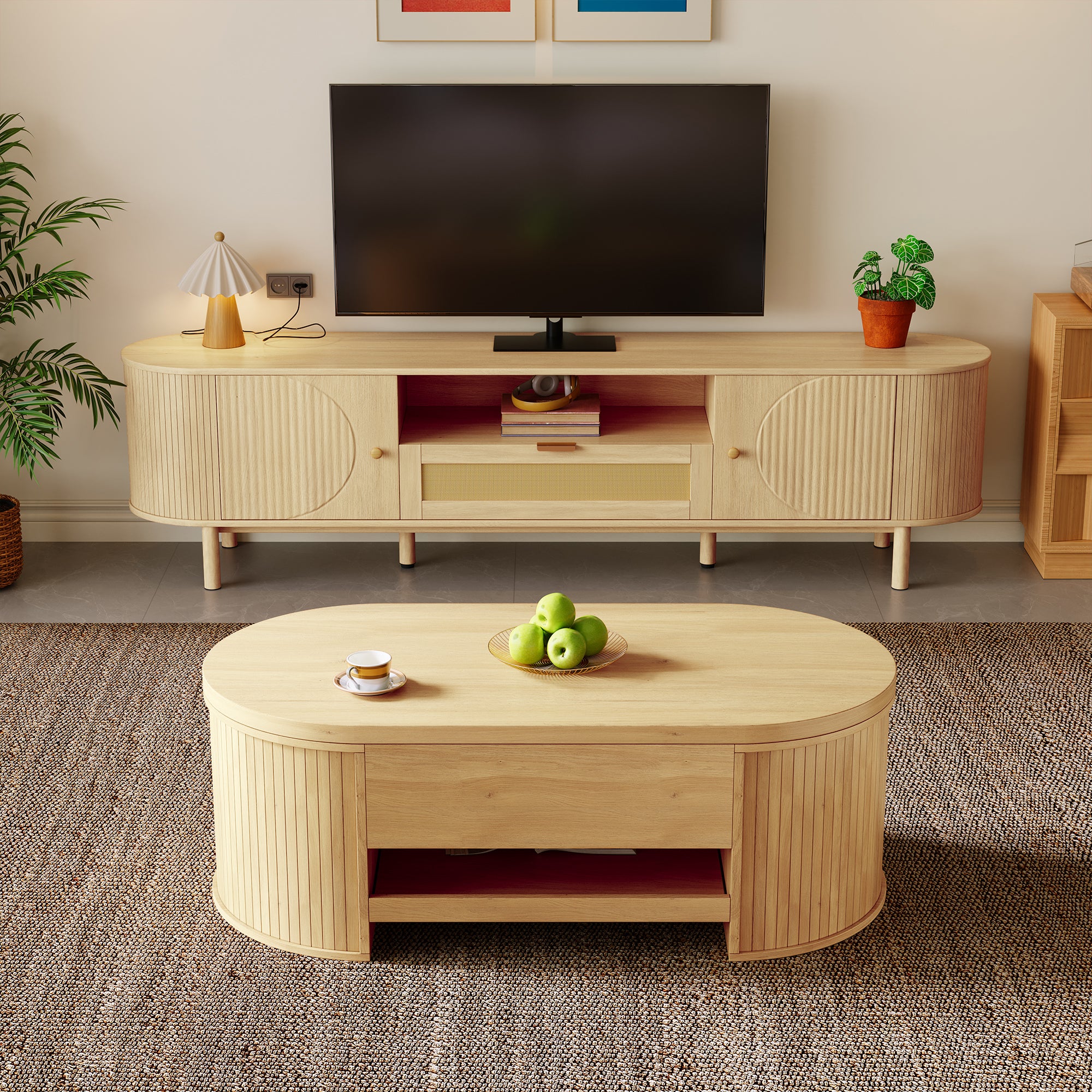 Zestaw owalny: szafka pod telewizor i podnoszony stolik kawowy - 175 x 36 x 51 cm - MDF - Do salonu - Naturalny