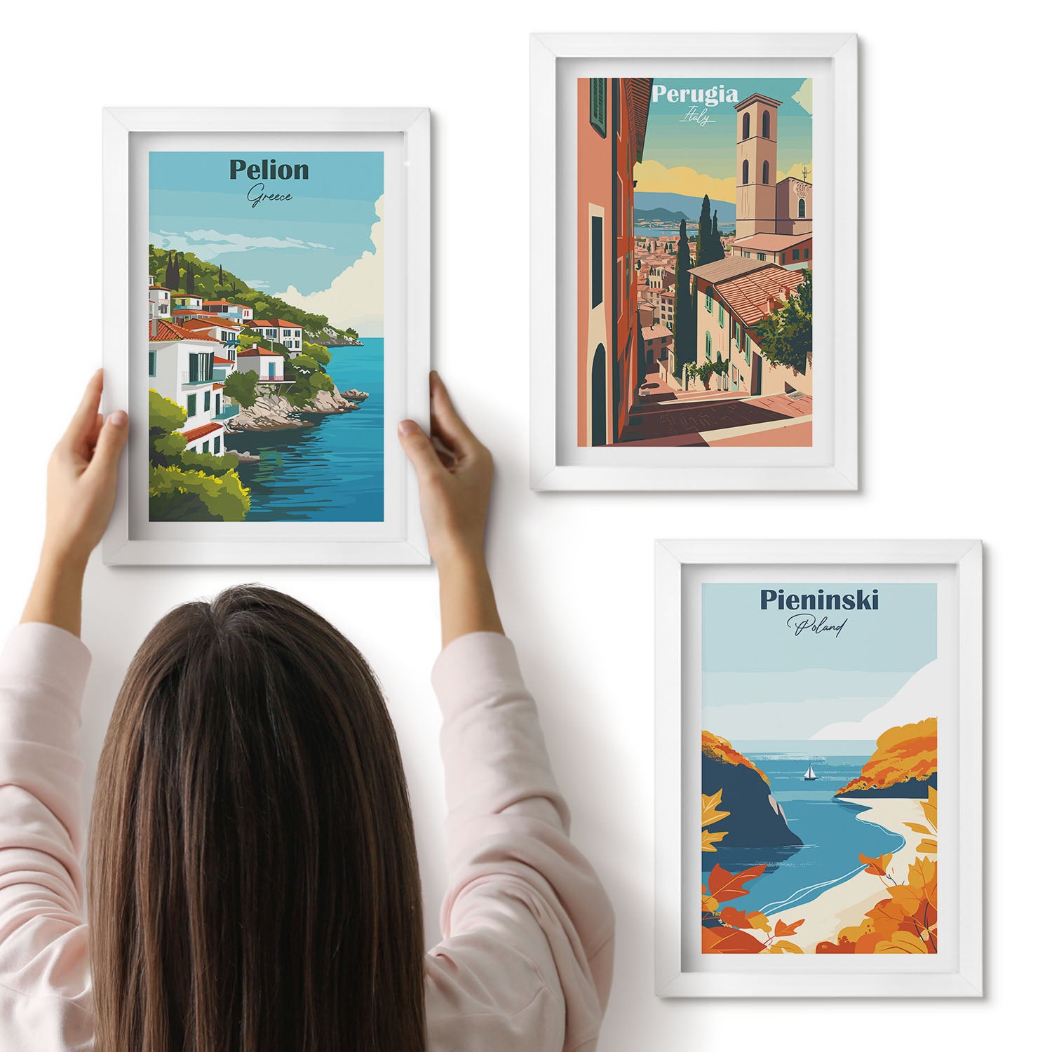 Galeria ścienna 3-częściowy komplet obrazów w białych ramach - Malownicze krajobrazy w retro stylu - ArtPrintCave