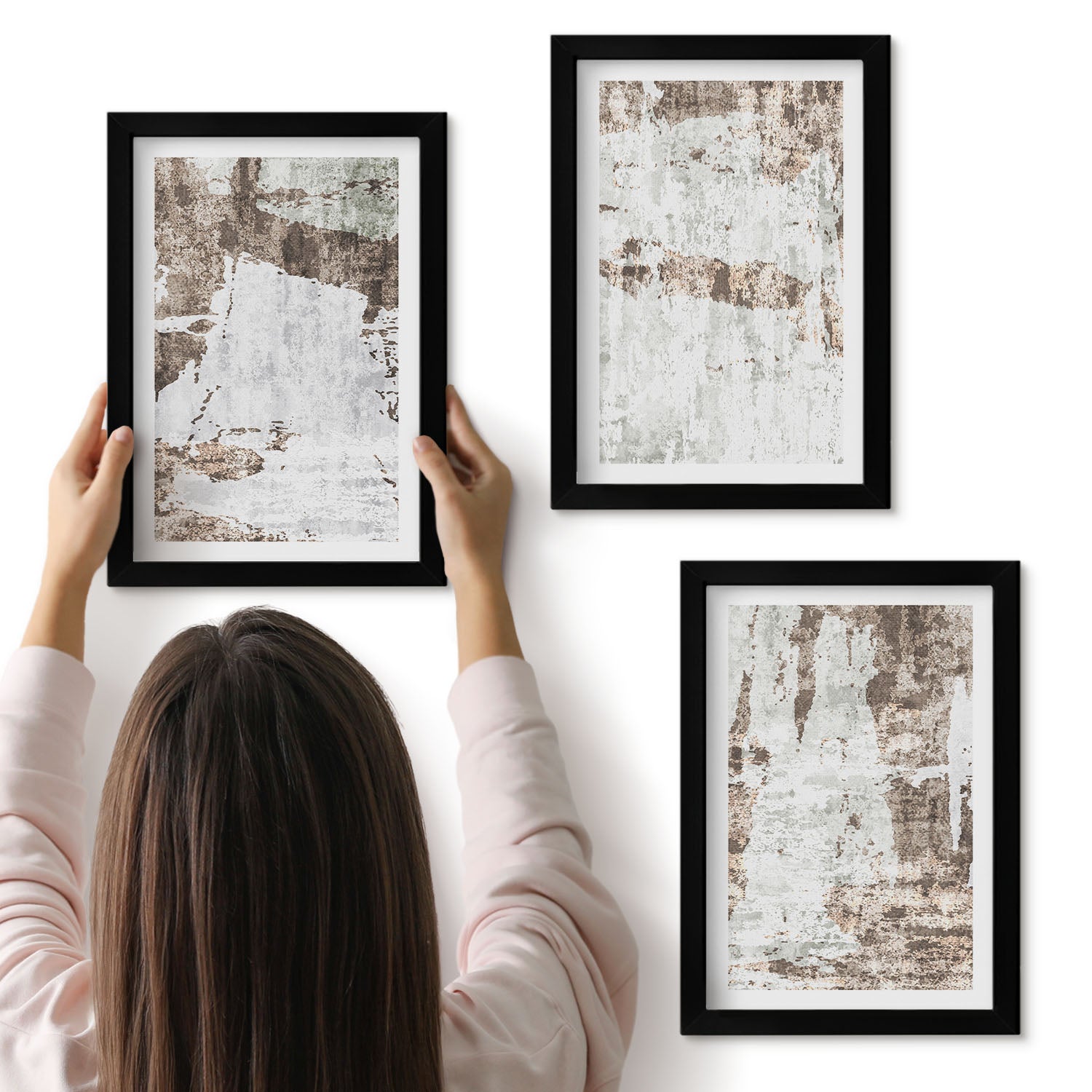 Galeria ścienna 3-częściowy komplet obrazów w czarnych ramach - Abstrakcyjne wzory w odcieniach bieli i brązu - ArtPrintCave