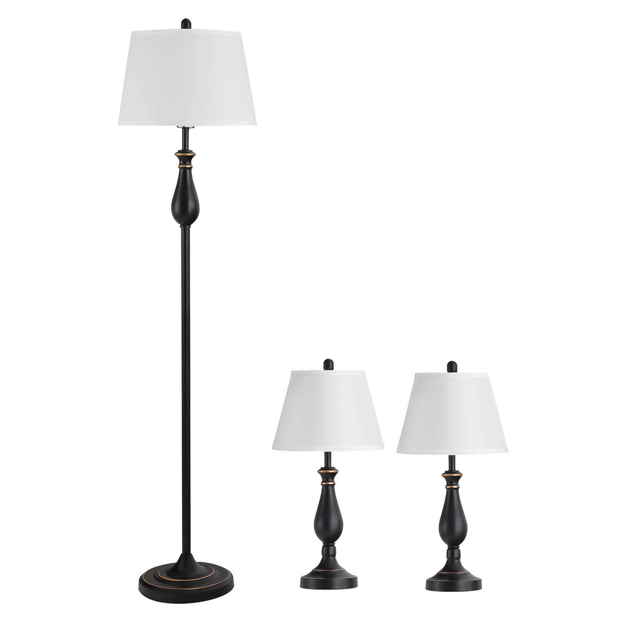 Zestaw 3 lamp vintage: lampa stołowa, lampa podłogowa, metal, PS, poliester, bawełna, E27. Lampa stołowa: ø38 x 158 cm, lampa podłogowa: ø30 x 62 cm