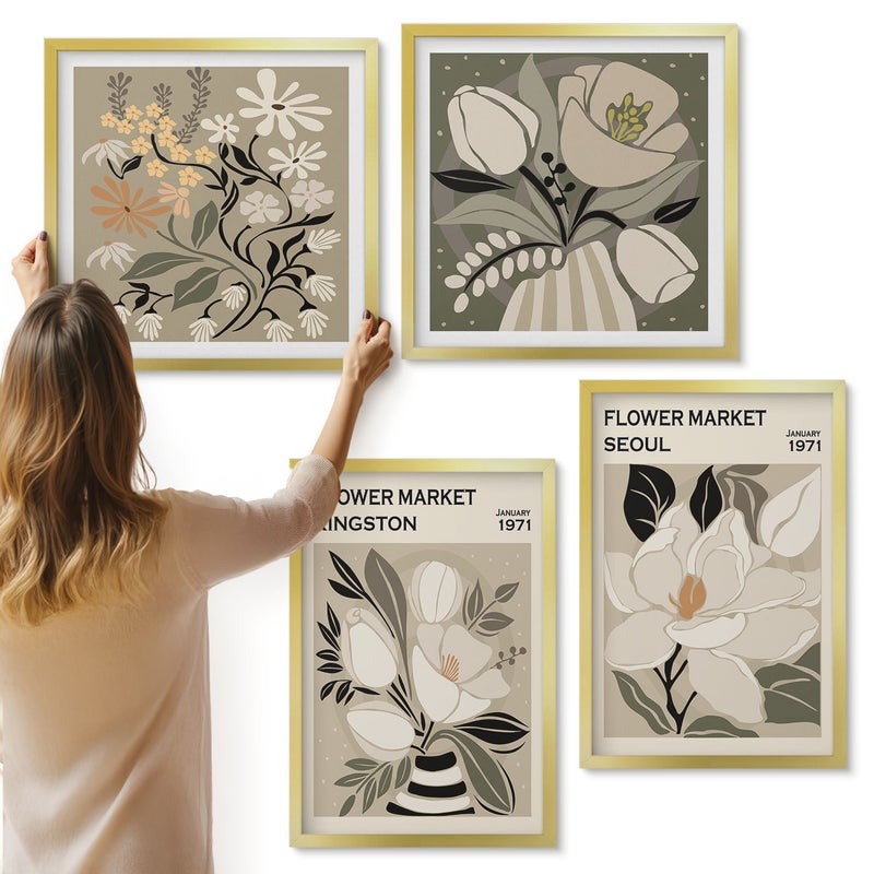 Galeria ścienna 4-częściowy komplet obrazów w złotych ramach - Kwiaty z Kingston Seulu w stylu retro ilustracje - ArtPrintCave