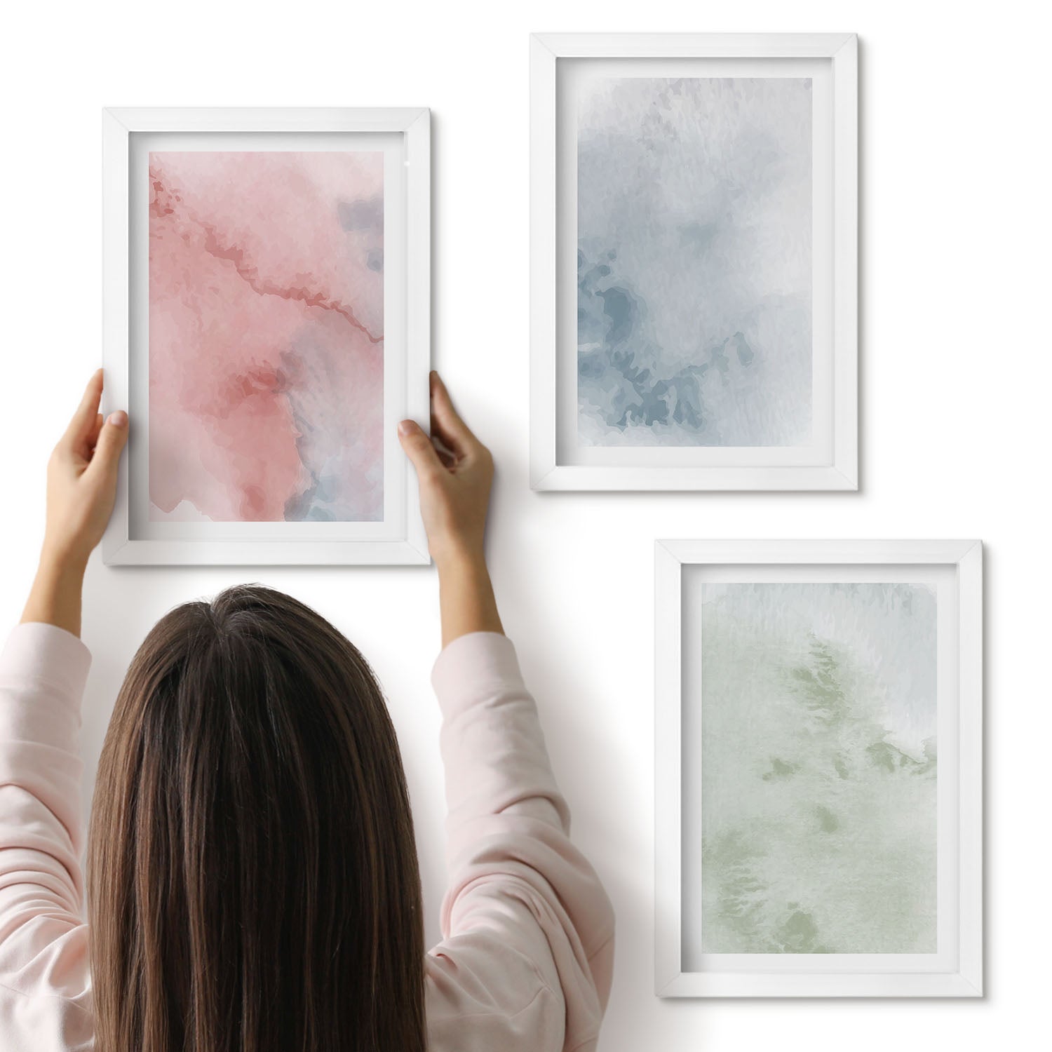 Galeria ścienna 3-częściowy komplet obrazów w białych ramach - Pastelowe struktury kolorowe akwarele na płótnie - ArtPrintCave