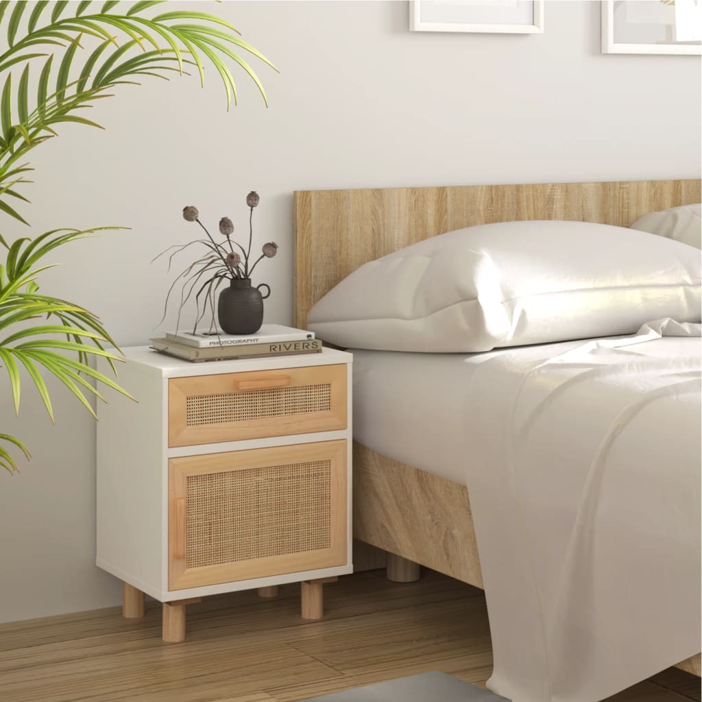 Stolik nocny VidaXL biały z drewna inżynieryjnego i naturalnego rattanu 40 x 30 x 50 cm