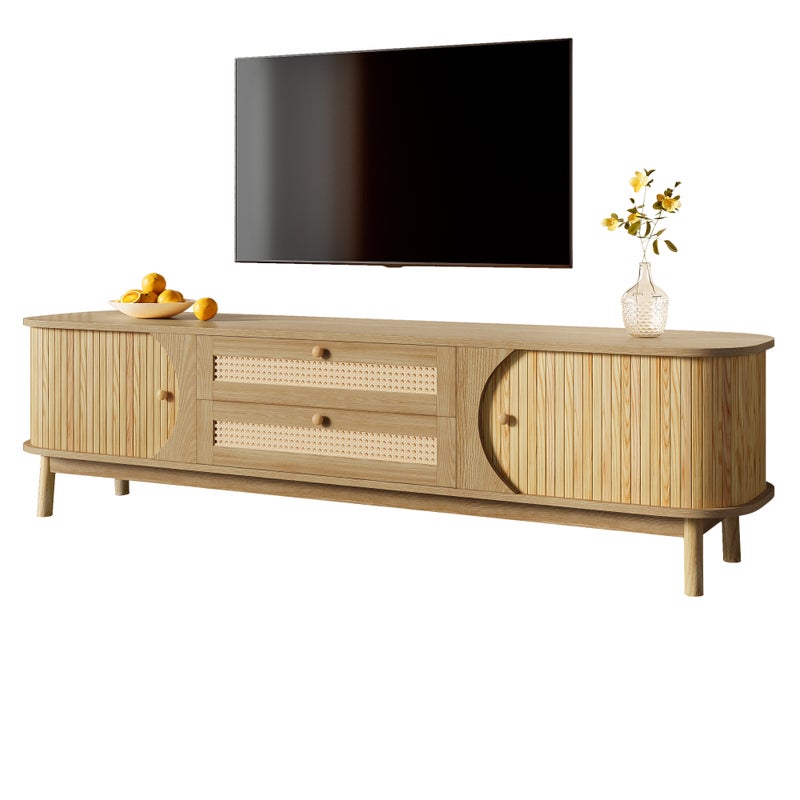 TV-Schrank z drzwiami i szufladami - drewno naturalne, rattan, 170x39.5x46 cm