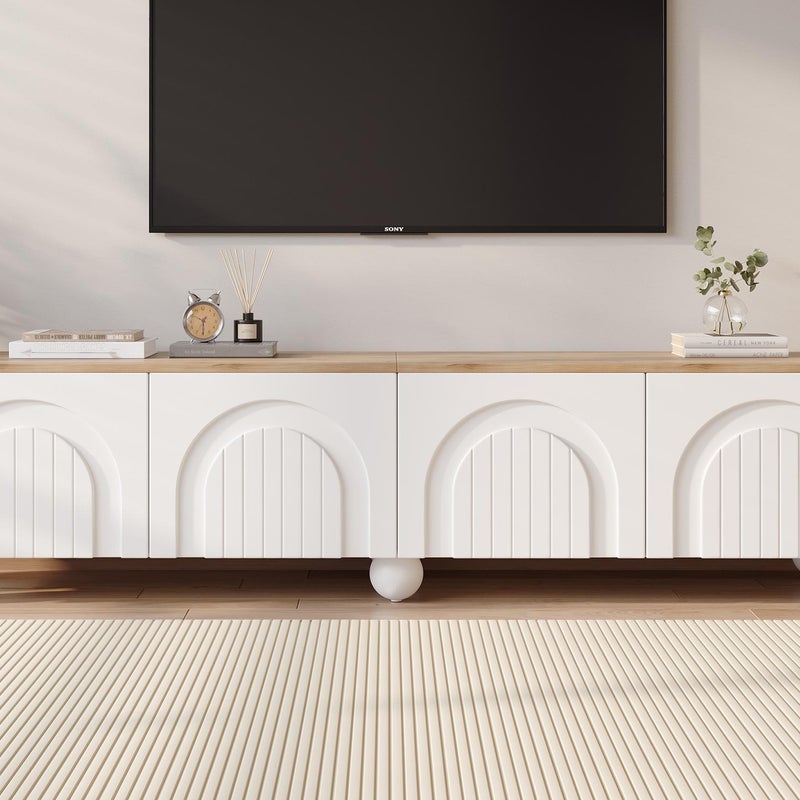 Stolik RTV 180x40x45 cm - 4 drzwi - nowoczesny design - MDF - Biały + Naturalny