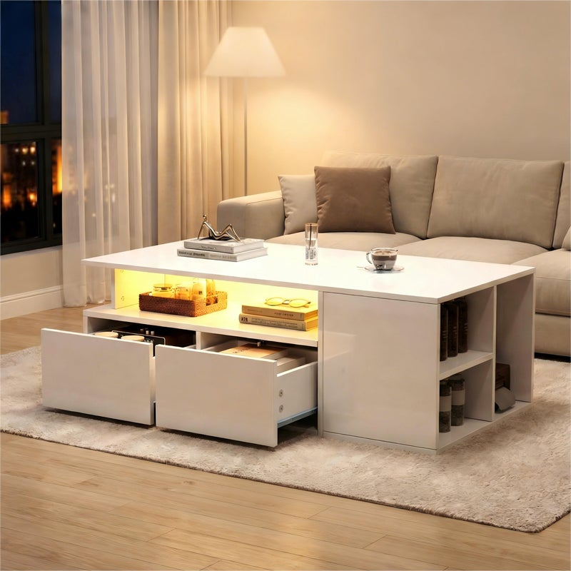 100*50*35cm Stolik kawowy z oświetleniem LED, stolik kawowy do salonu, stolik kawowy z 2 szufladami, stolik kawowy o nośności całkowitej 60 kg