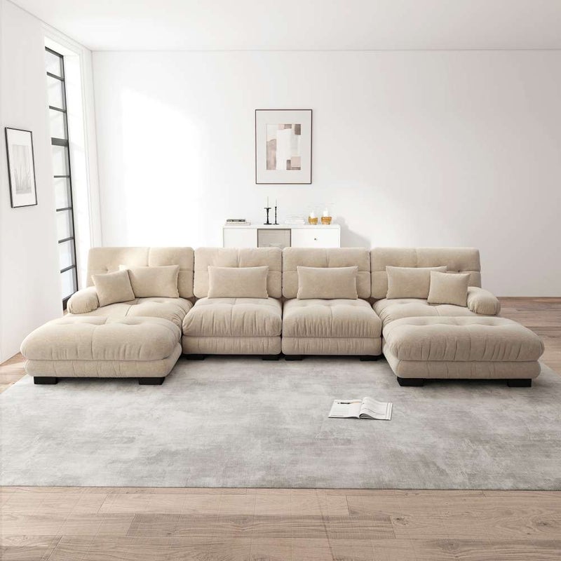 4-osobowa modułowa sofa w kształcie litery U z tkaniny szenilowej, ekstremalny komfort z mobilnym pufem i możliwością samodzielnego montażu