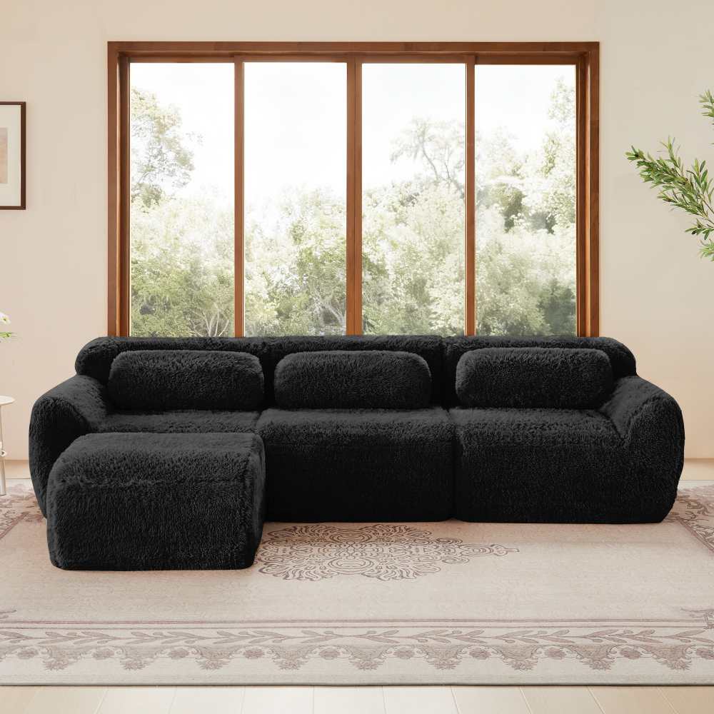 Modułowa sofa w kształcie litery L z ultramiękkiego pluszu, głęboka i bezramowa, z poduszkami, wygodna do salonu i sypialni