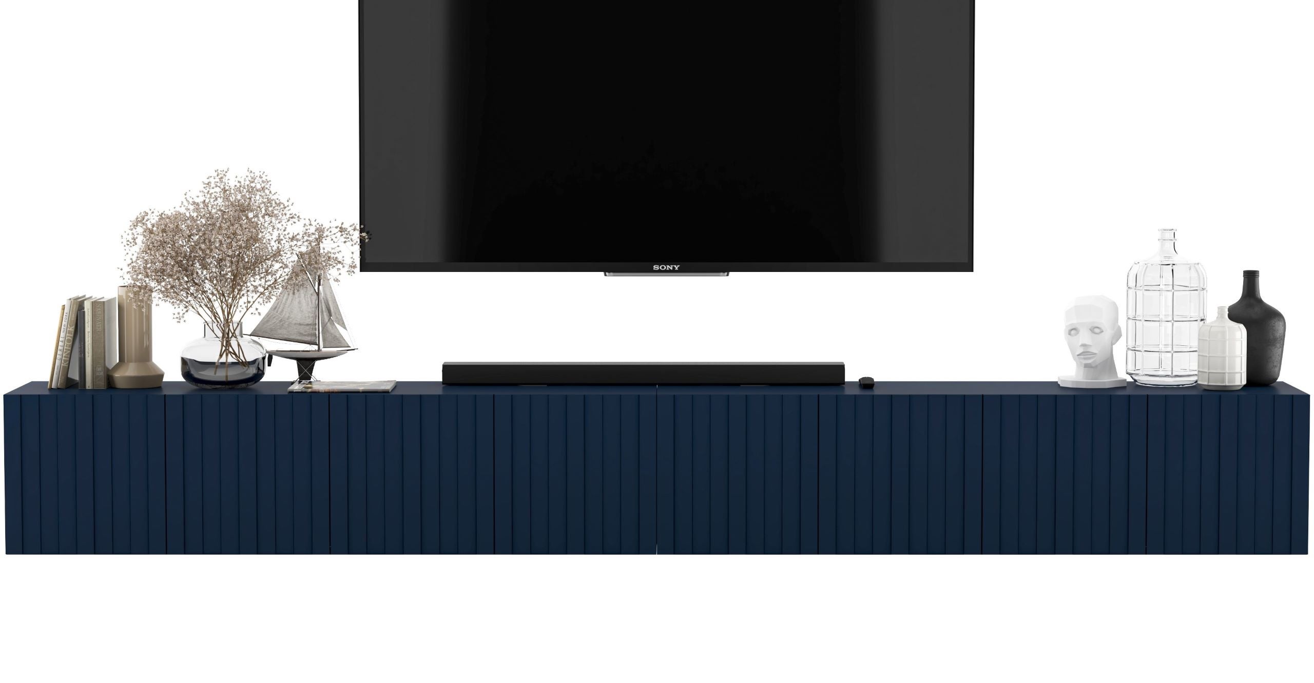 Wisząca szafka RTV Glamour 300 cm granatowy mat, komoda pod telewizor do nowoczesnego salonu