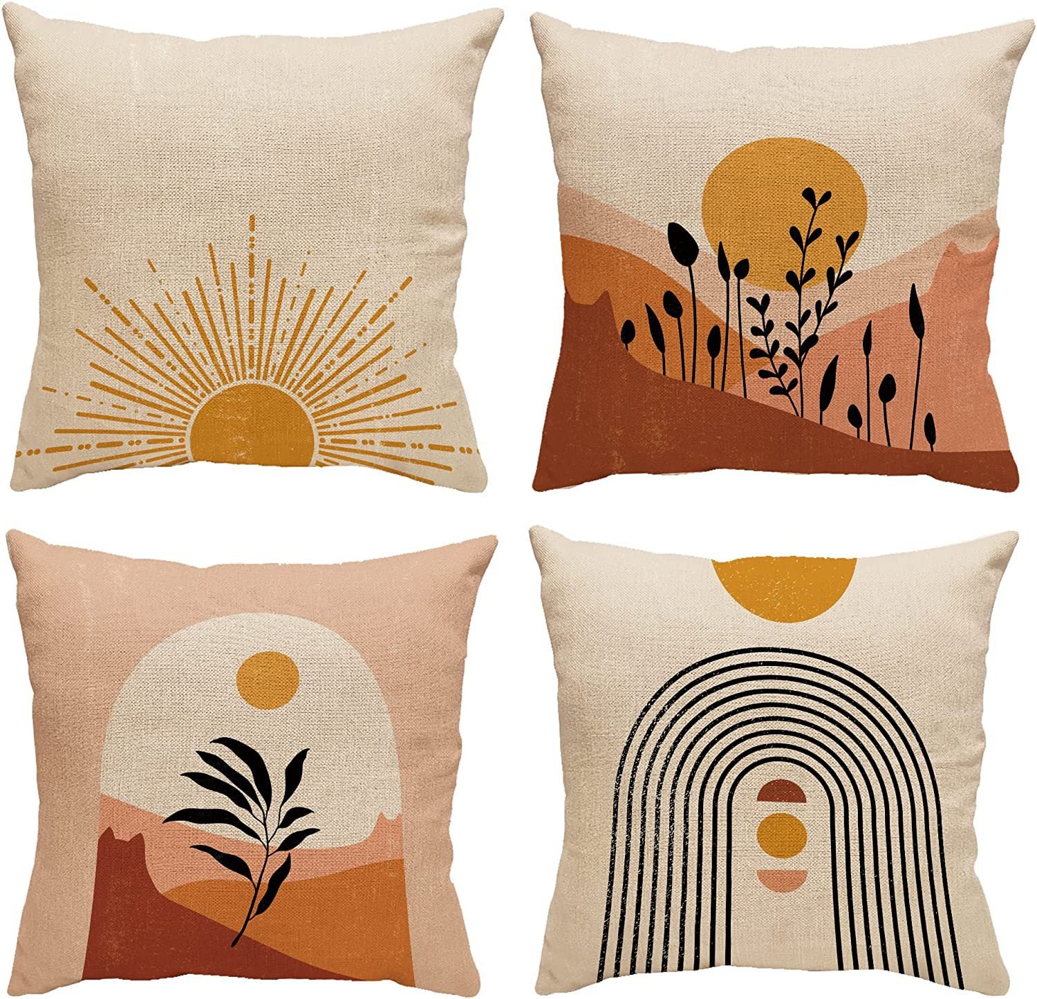 Zestaw 4 poszewek na poduszki w stylu boho – abstrakcyjny wzór terakoty, motyw słońca i natury – miękka tkanina lniana (45×45 cm)
