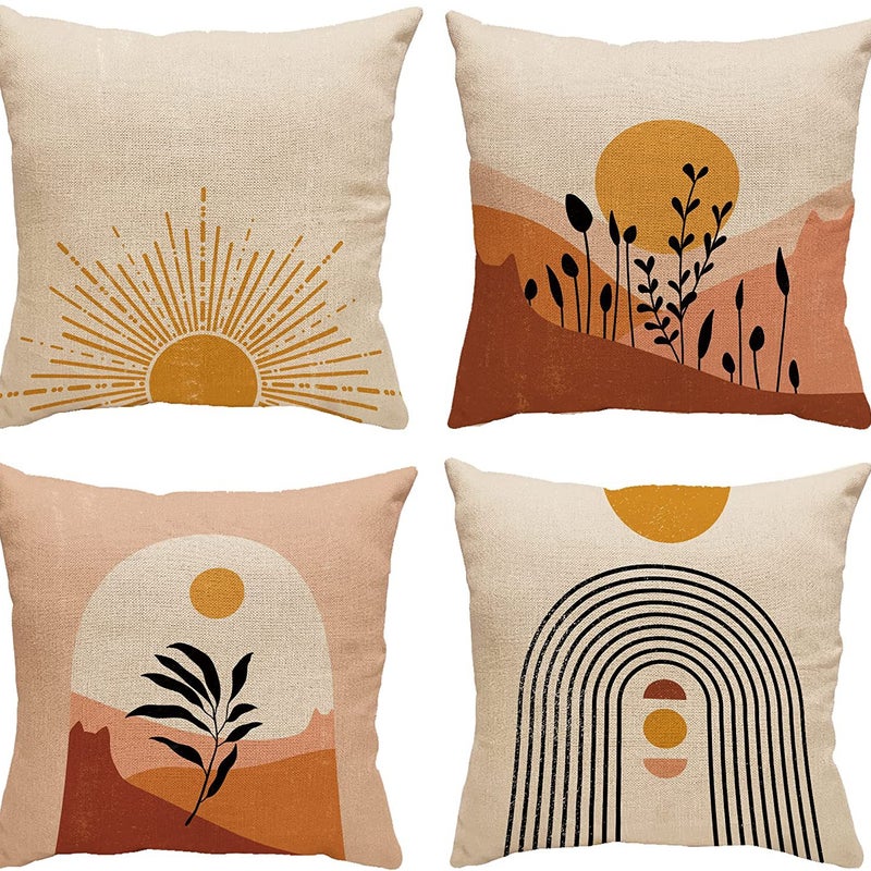 Zestaw 4 poszewek na poduszki w stylu boho – abstrakcyjny wzór terakoty, motyw słońca i natury – miękka tkanina lniana (45×45 cm)