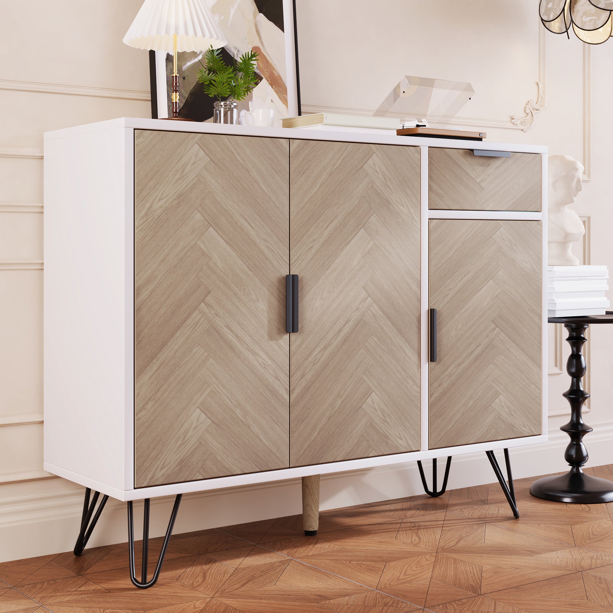 Zestaw stół i 4 krzesła - czarny metalowy stół 140 cm - szare krzesła lniane