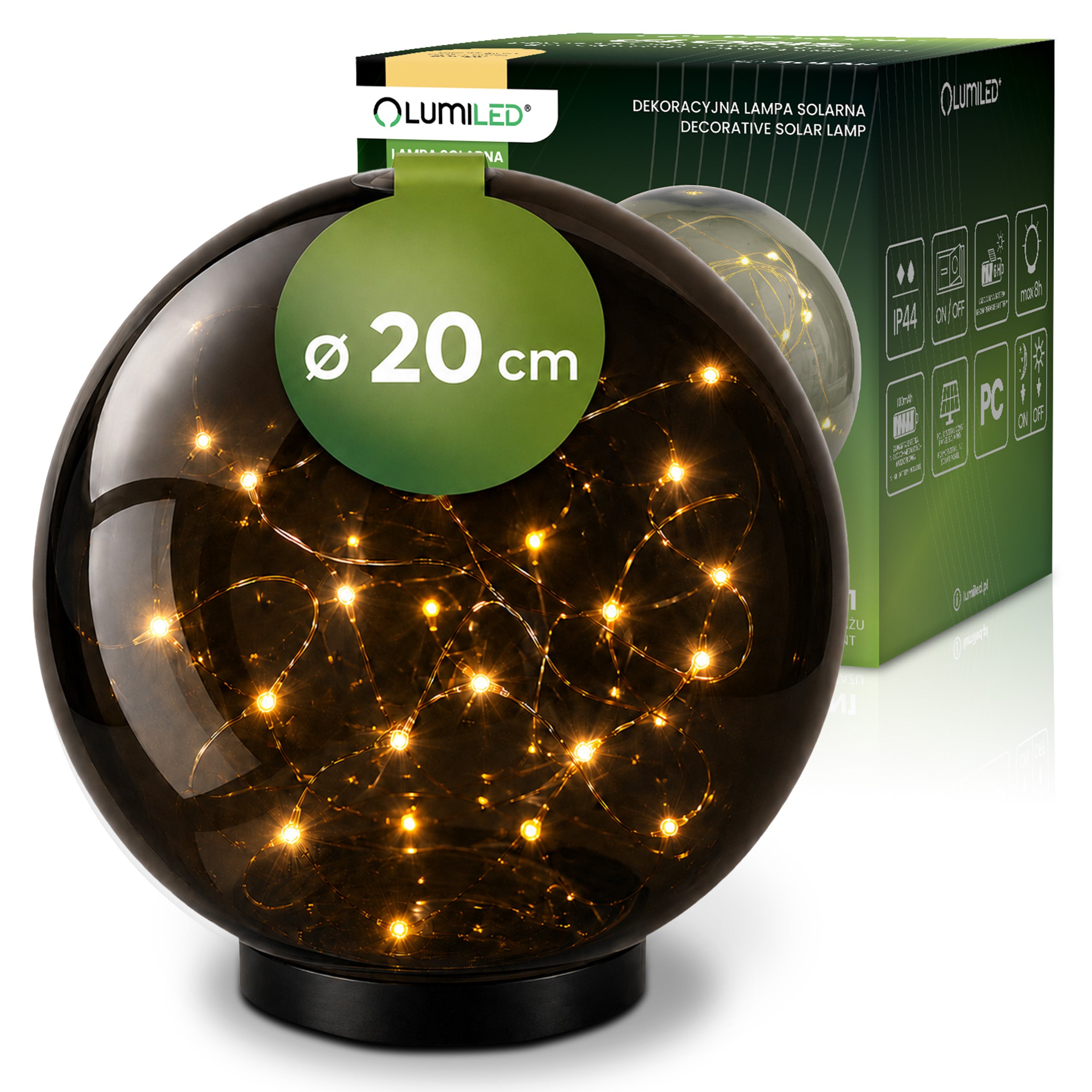 Lampa Solarna Ogrodowa LED GLORIS 3000K Ciepła biel IP44 Wbijana Naziemna Ozdobna Kula Dymiona 20cm LUMILED