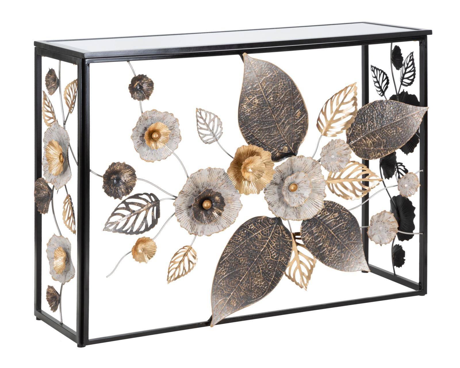 Konsola Glam Dark 111,8x41,9x80 cm - Czarna metalowa szafka wejściowa do holu z lustrzanym blatem i kwiatowymi zdobieniami - Styl glamour i nowoczesny